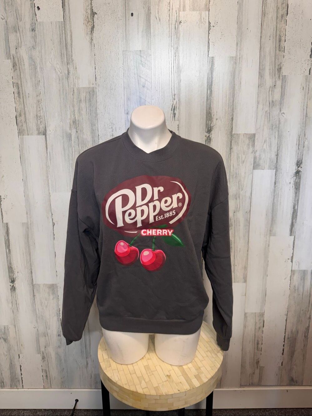 Dr Pepper Cherry Charcoal Gray Drop Shoulder Fleece Crewneck Sweatshirt S
